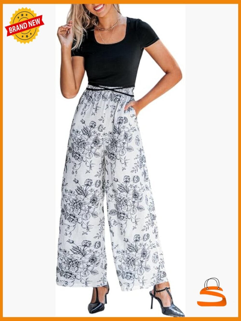 Short Sleeve Jumpsuit Dressy One Piece Elastic Waist Printed Wide Leg Pants